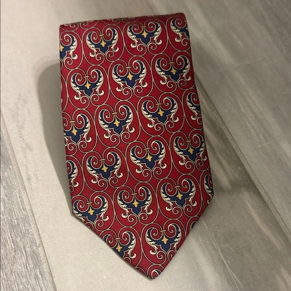 Dior Red Tie with Navy and Gold Scroll Motif